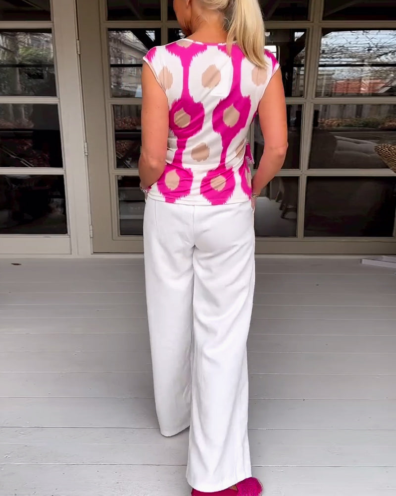 Printed pleated twist tank top