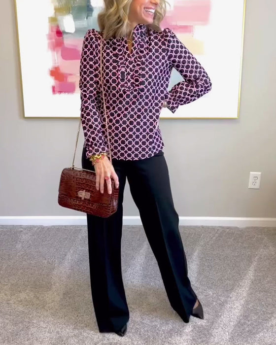 Geometric print stand collar slim fit fashion top