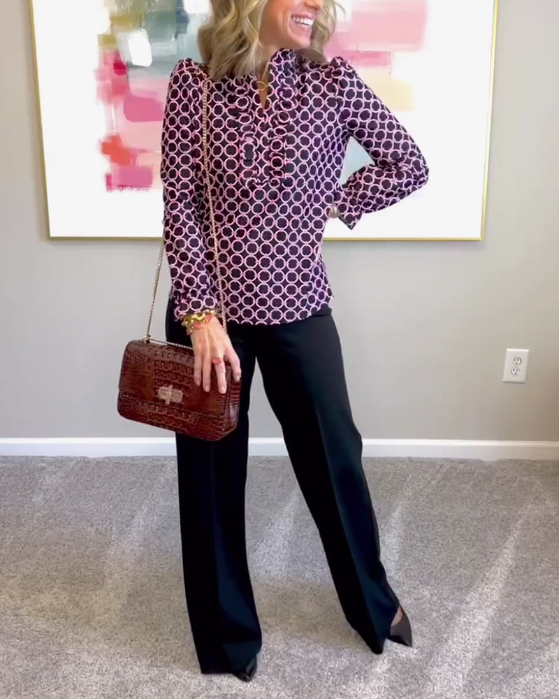 Geometric print stand collar slim fit fashion top