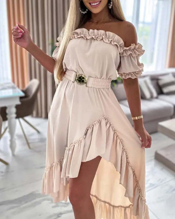 One shoulder puff sleeve solid color dress