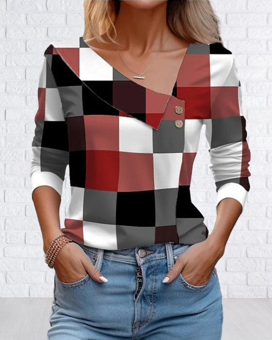 V Neck Plaid Top with Buttons