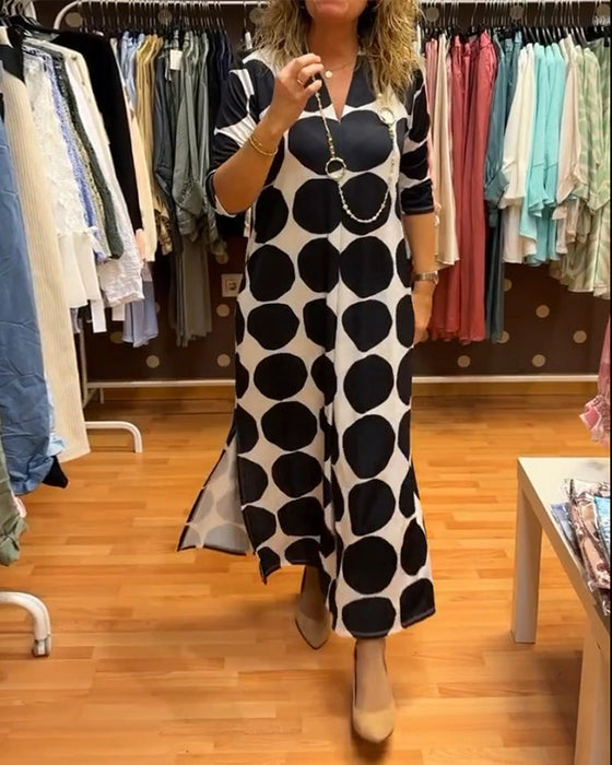V-neck large polka dot slit long dress