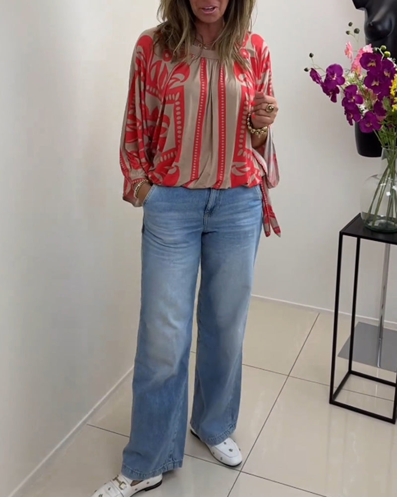 Printed crew neck long sleeve casual top