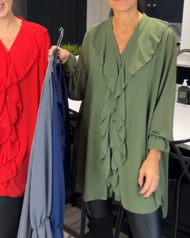 Lotus leaf v-neck solid color blouse