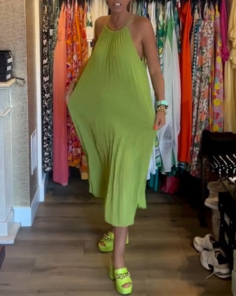 Pleated suspender solid color dress