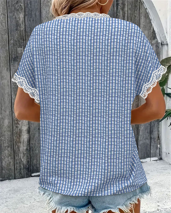 Round Neck Lace Patchwork Striped Blouse