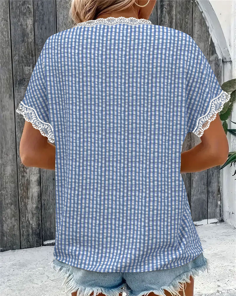 Round Neck Lace Patchwork Striped Blouse