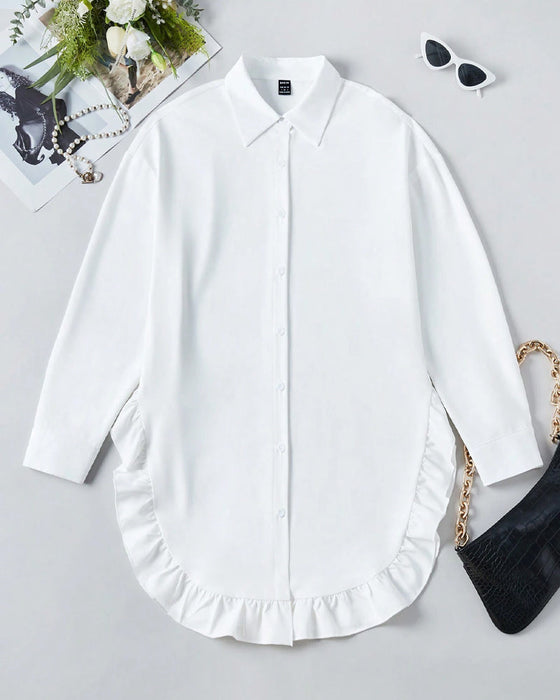 Lapel ruffled solid color shirt