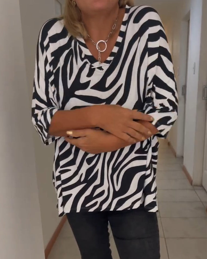 V-neck zebra print casual top