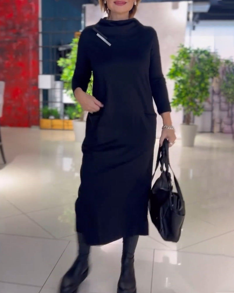 Solid Color Crew Neck Dress with Pocket