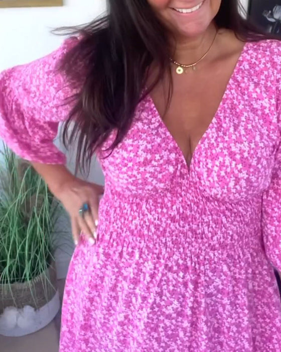 Printed V-neck Flare Sleeve Dress