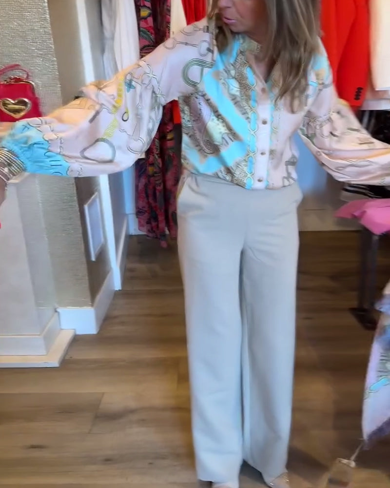 Retro printed lantern sleeve elegant shirt