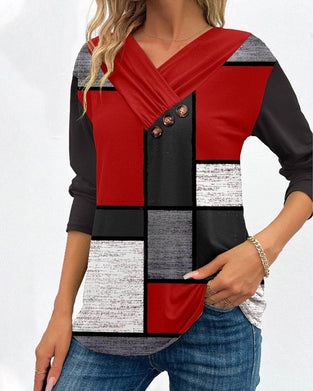 Plaid print v-neck casual top