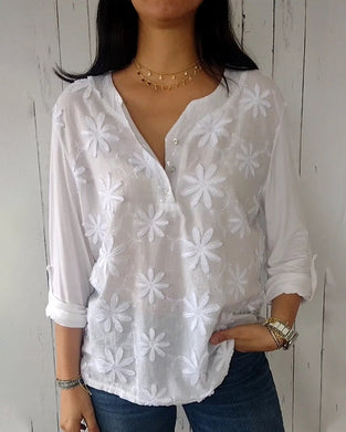 V-neck embroidered long-sleeved top