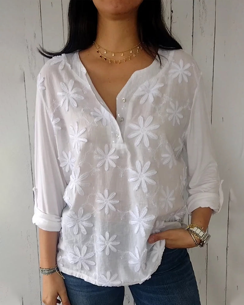 V-neck embroidered long-sleeved top