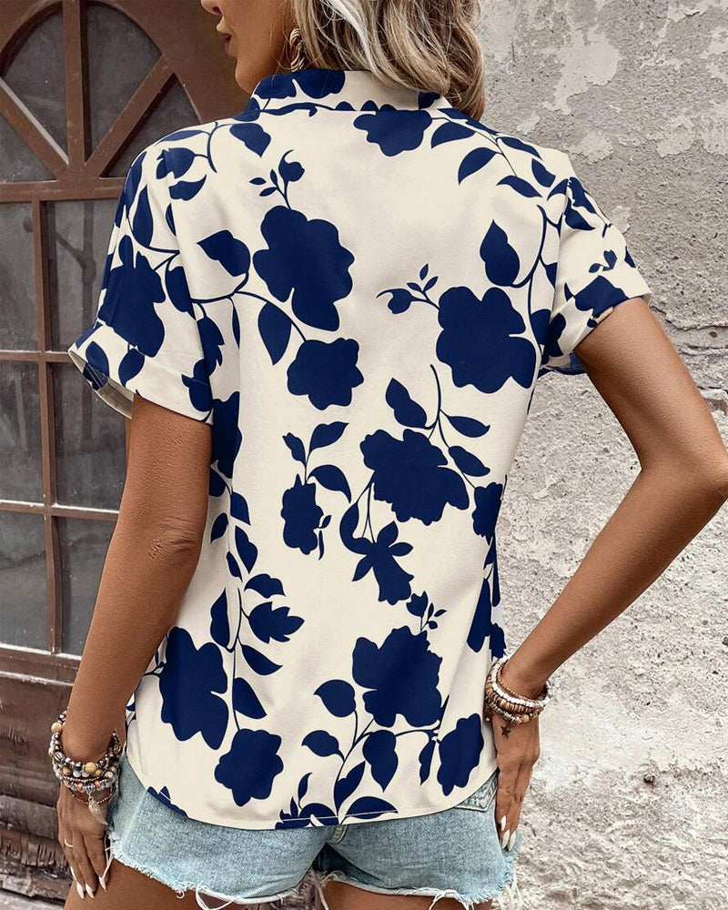 V-Neck Bat Sleeve Printed Shirt