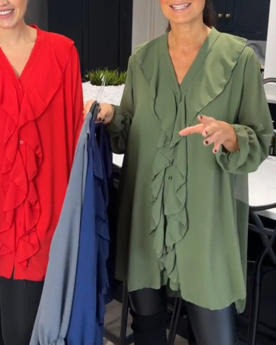 Lotus leaf v-neck solid color blouse