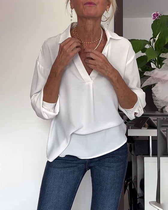 Simple solid color lapel long sleeve top