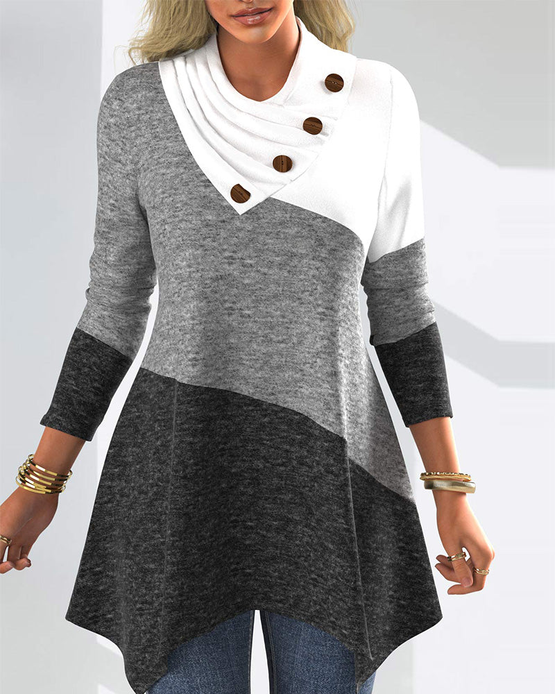 Colorblock long-sleeve top with scarf collar
