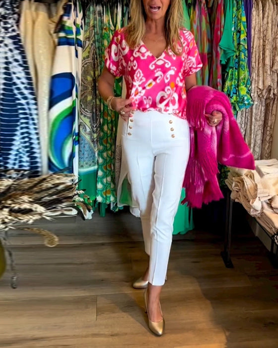 Printed V-neck short-sleeved top