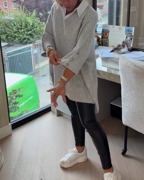 V-Neck Buttoned Asymmetrical Sweater