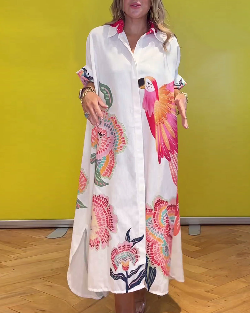 Women's lapel long printed dress