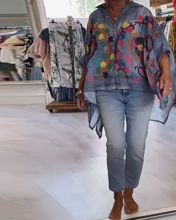 Fake Denim Irregular Print Blouse