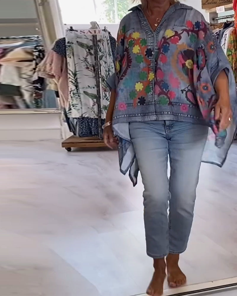 Fake Denim Irregular Print Blouse