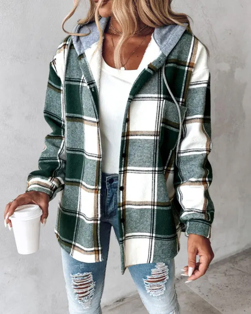 Hooded plaid long-sleeved coat