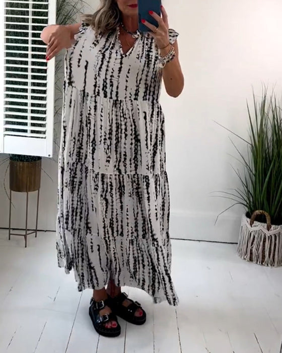 Fly Sleeve Printed V-Neck Dress