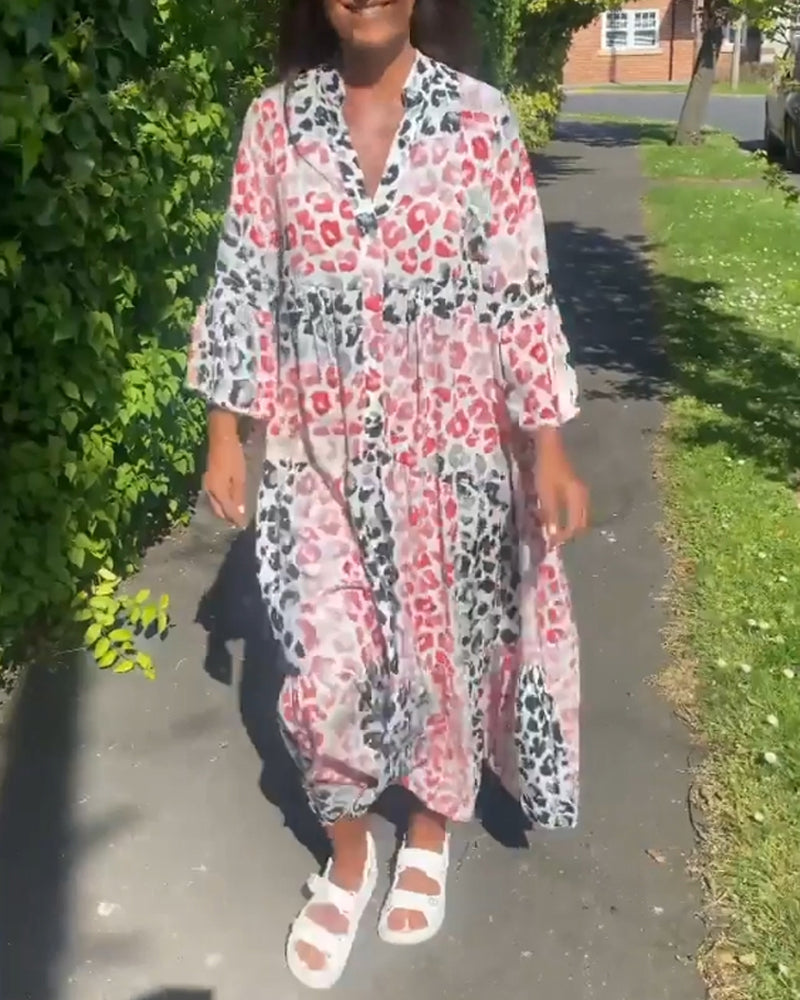 V-neck printed ruffle casual dress