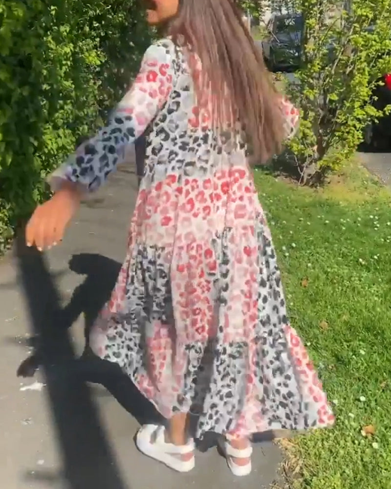 V-neck printed ruffle casual dress