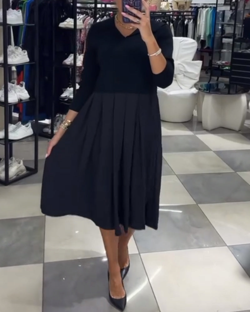 V-neck paneled pleated dress