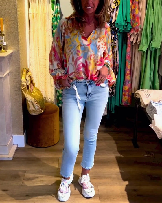 Lapel printed long sleeve top