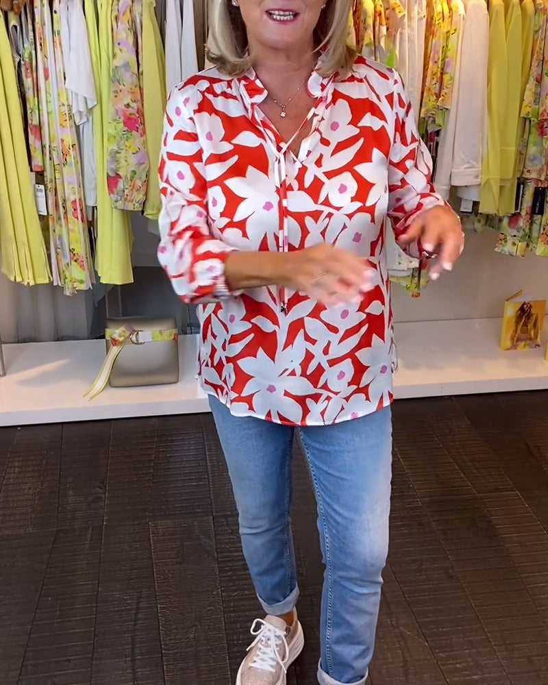 Floral print V-neck lace up blouse