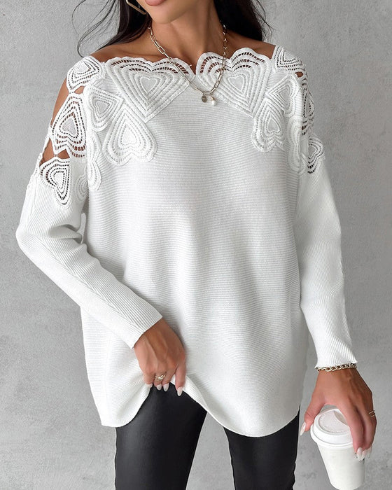 Lace patchwork solid color sweater
