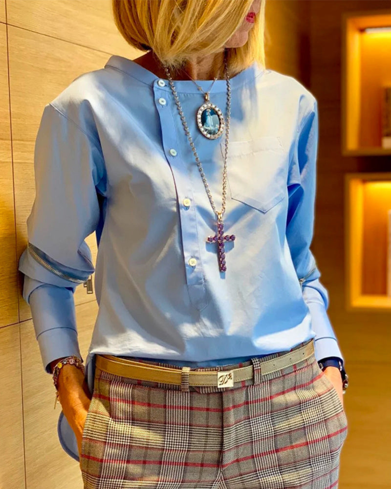 Buttoned solid color irregular top