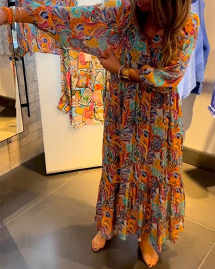 Print  V neck A-Line Maxi Dress