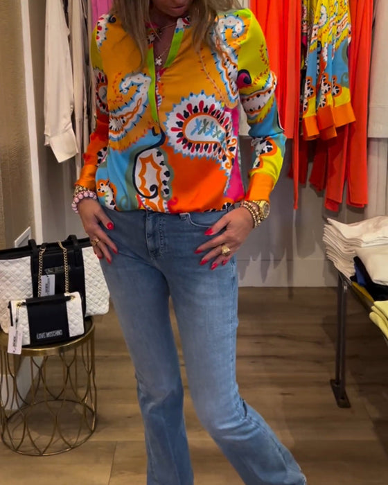 Colorful printed V-neck long-sleeve blouse