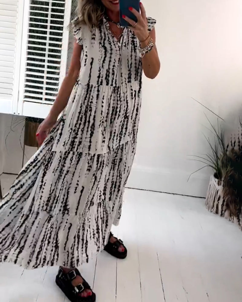 Fly Sleeve Printed V-Neck Dress