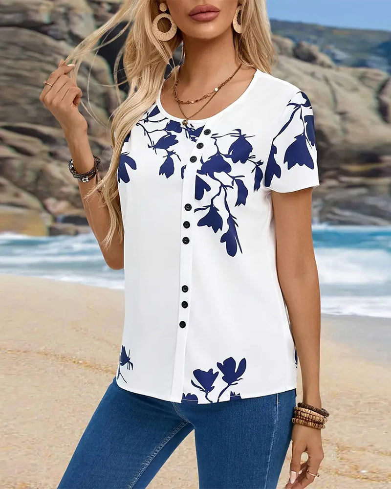 Casual Round Neck Irregular Print T-Shirt