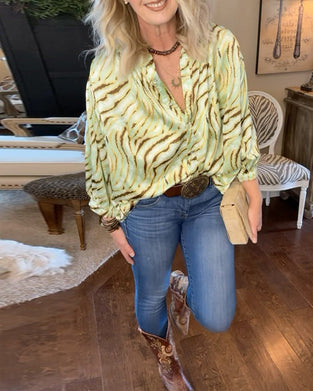 V-neck printed button down casual blouse