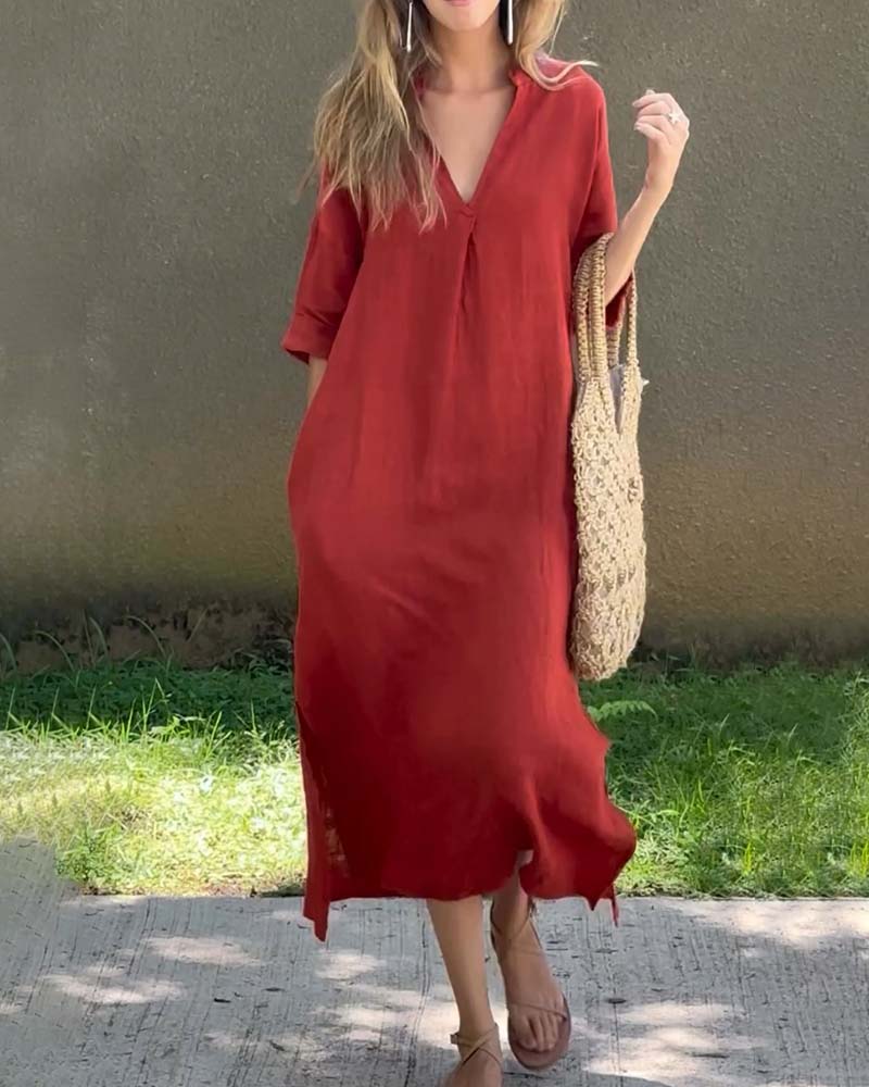 V-neck solid color pocket comfort dress