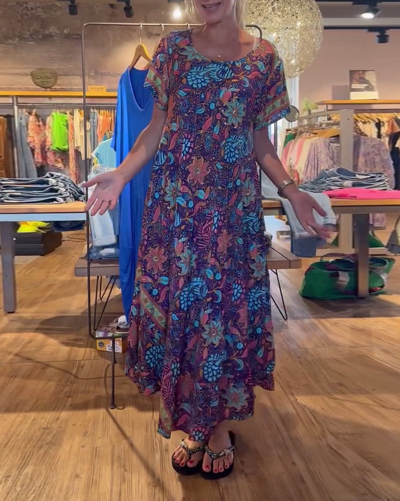 Printed short sleeve round neck long dress
