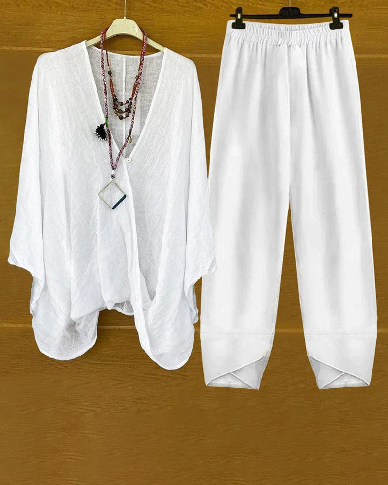 Solid color V-neck casual two-piece suit