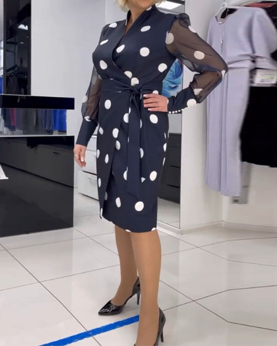 Polka dot print see-through long-sleeve dress