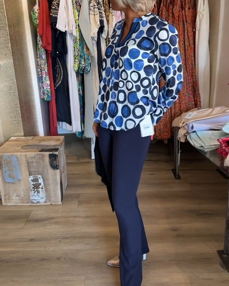 Polka dot print V-neck long-sleeve blouse