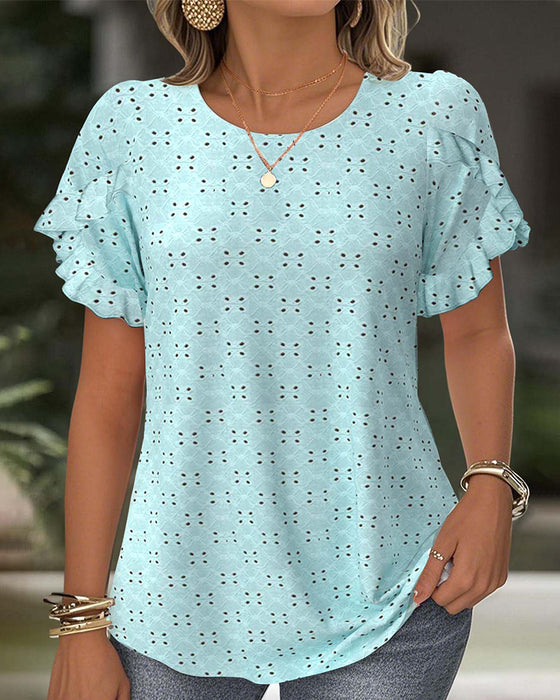 Ruffled Short Sleeve Hollow T-Shirt