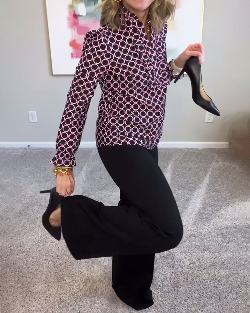 Geometric print stand collar slim fit fashion top