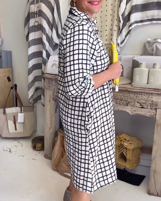 Plaid lapel pocket loose dress